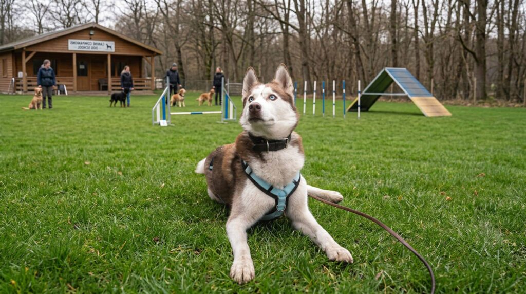 Husky dog lying in a dog training field